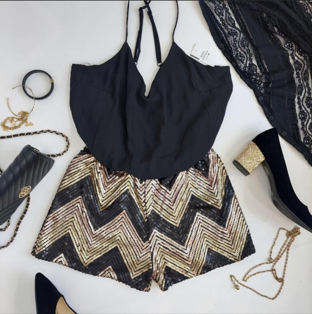 New Poetry Body Central Black Gold Sequin Romper Medium Nwt Deadstock Party Sexy
